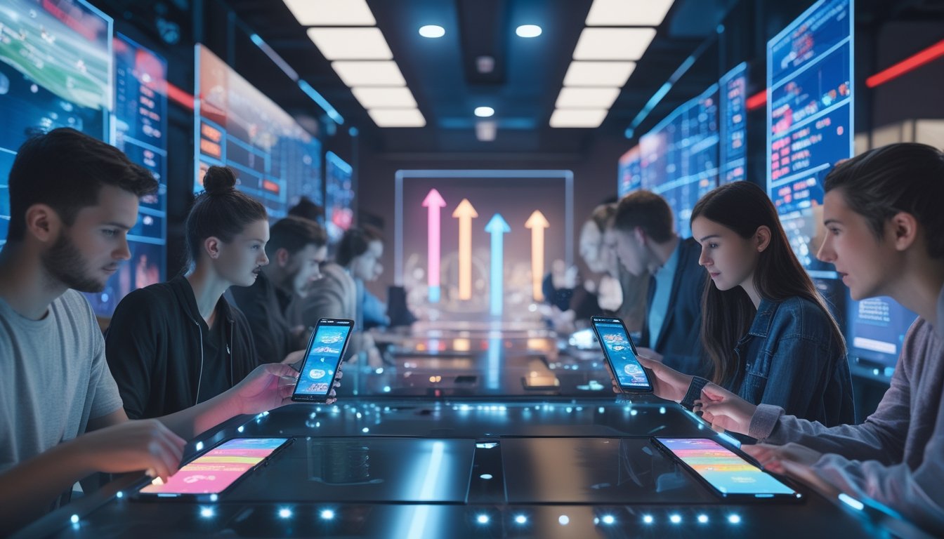Beberapa orang muda yang fokus menggunakan perangkat digital dengan layar menampilkan grafik dan pertandingan esports.