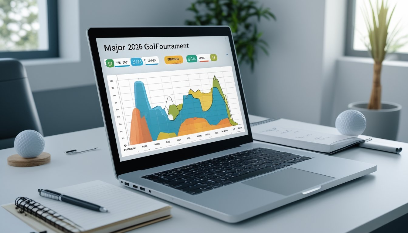 Seorang profesional sedang menganalisis data statistik golf di meja kerja dengan laptop, catatan, bola golf, dan suasana kantor yang terang.