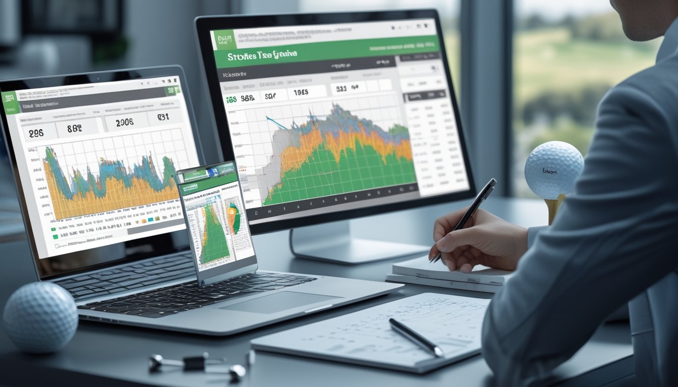 Seorang profesional sedang menganalisis data statistik golf di meja kerja dengan perangkat digital dan pemandangan lapangan golf di latar belakang.
