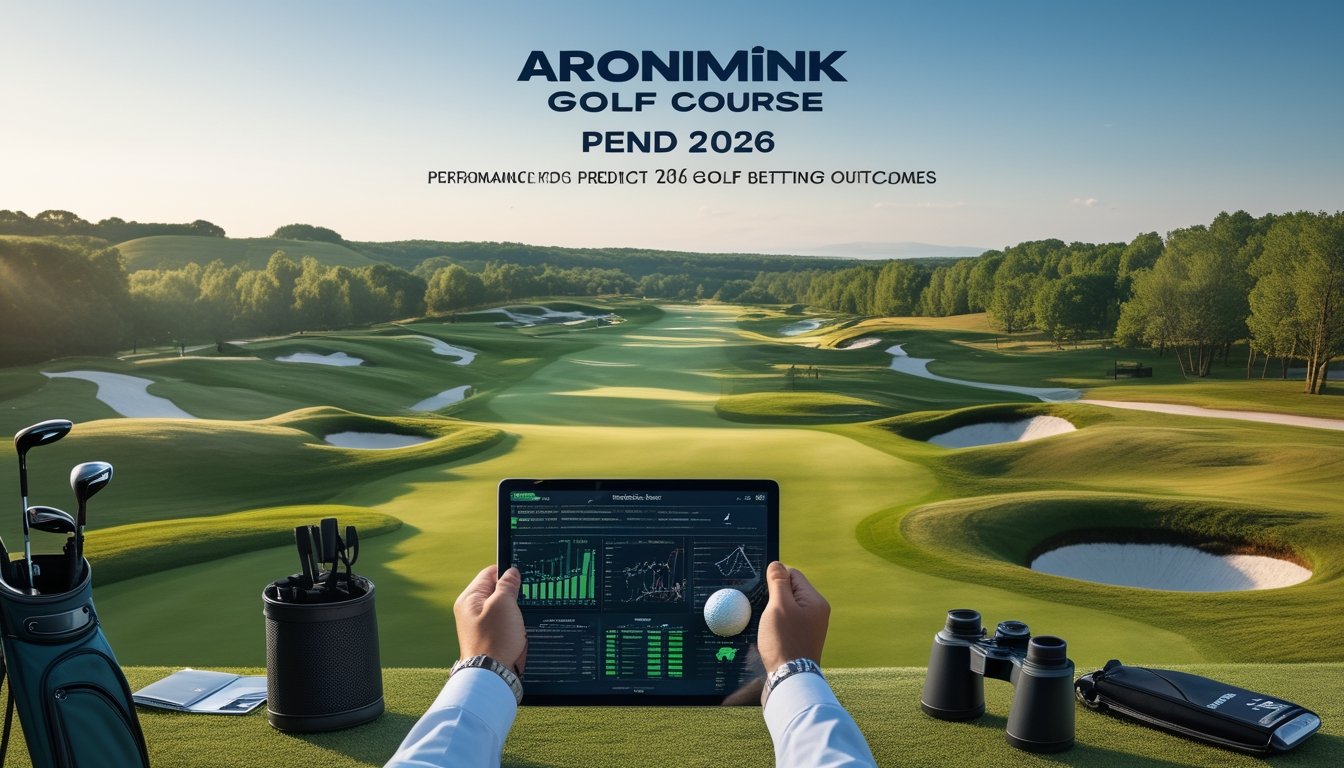 Seorang pria sedang menganalisis data performa lapangan golf Aronimink dengan latar belakang lapangan golf yang hijau dan cerah.