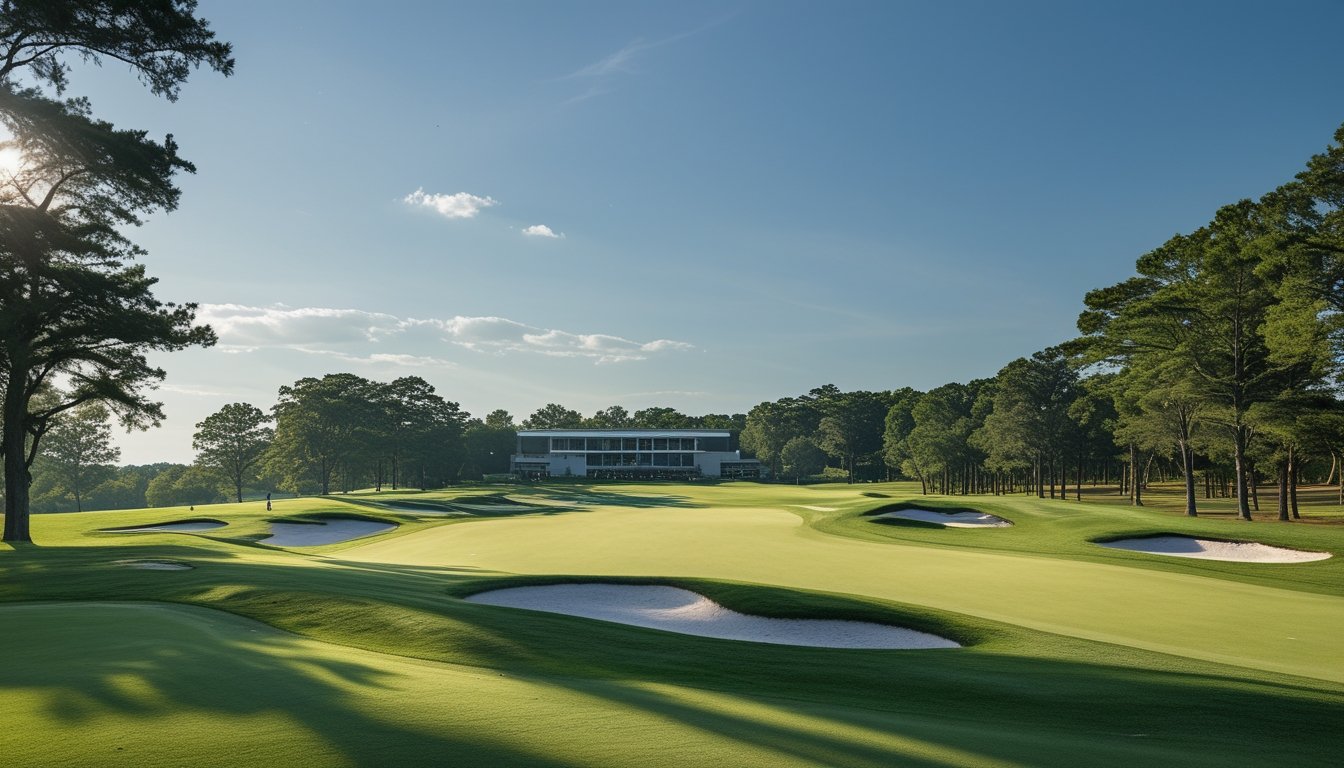 Pemandangan lapangan golf Aronimink dengan rumput hijau, bunker pasir, pohon-pohon, dan pemain golf sedang bermain.