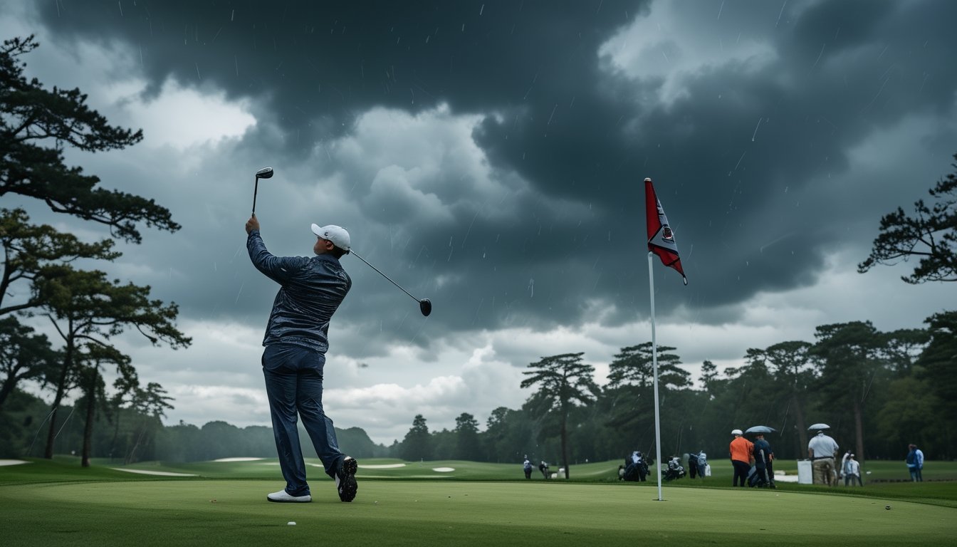 Seorang pegolf pria sedang melakukan ayunan di lapangan golf dengan cuaca ekstrem, langit mendung dan angin kencang, beberapa penonton memegang payung di belakangnya.