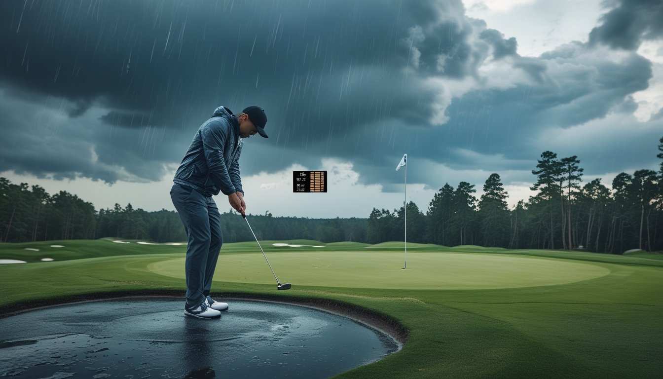 Seorang pegolf pria bersiap melakukan ayunan di lapangan golf dengan cuaca ekstrem, langit mendung dan angin kencang terlihat di sekitar.