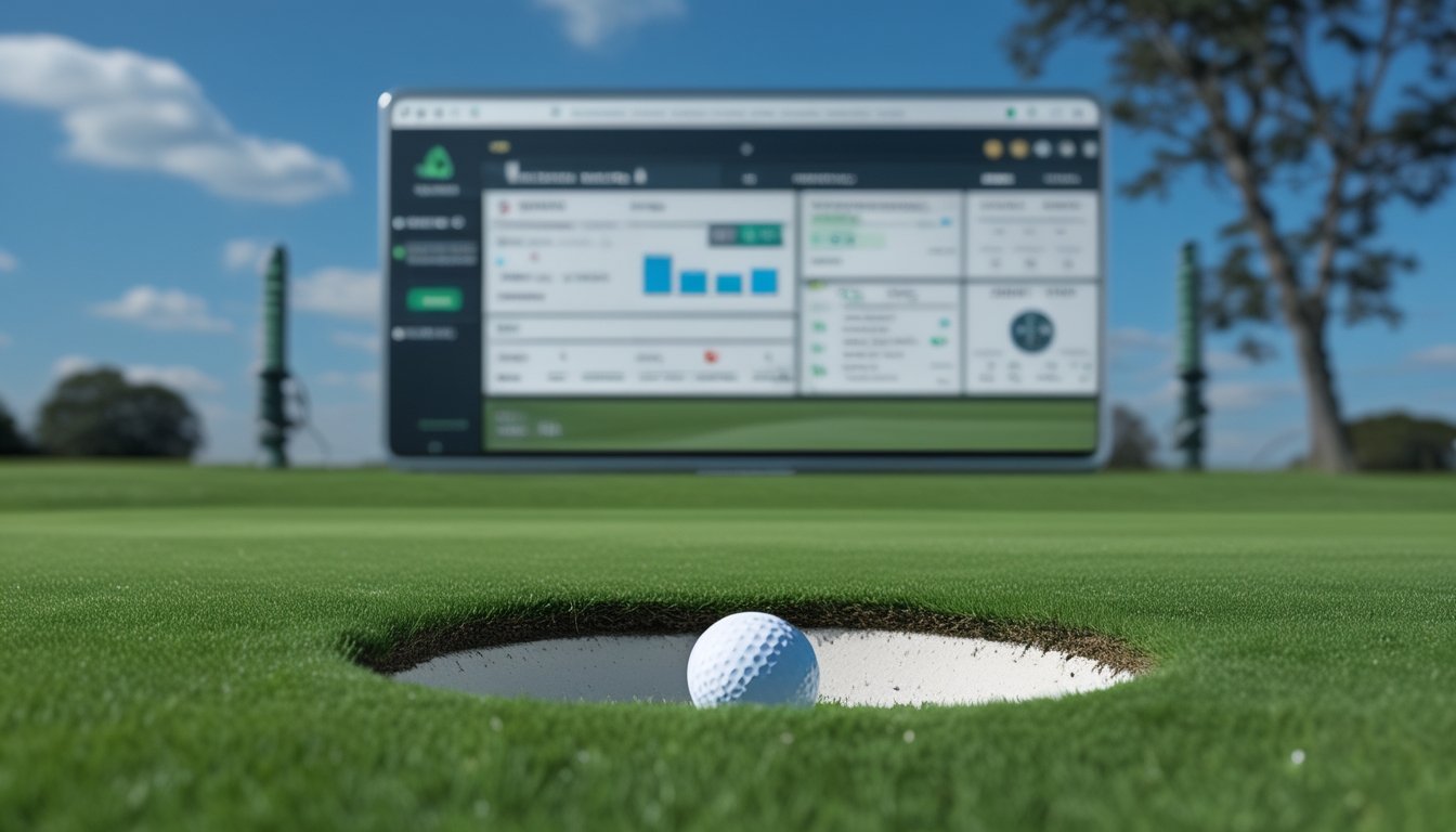 Pemandangan lapangan golf dengan bola golf dekat lubang dan layar digital menampilkan peluang taruhan golf.