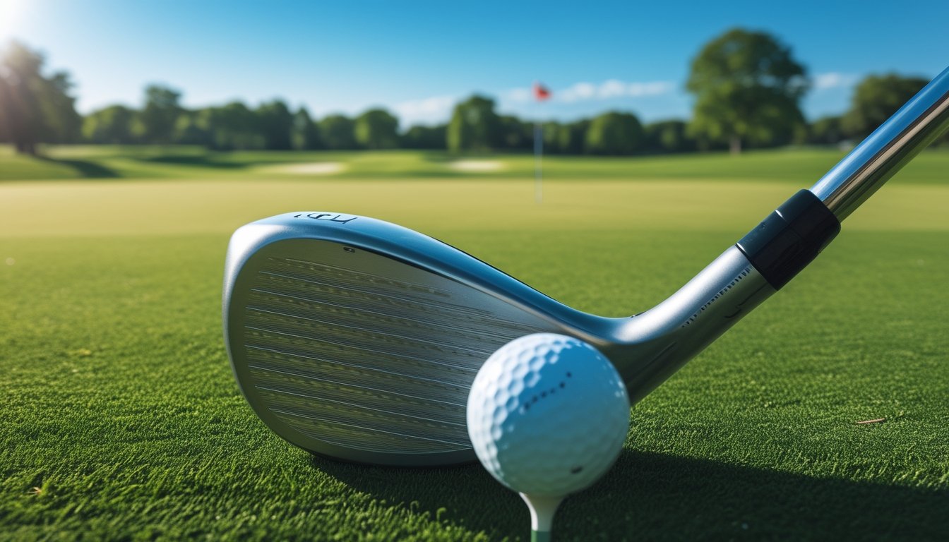 Seorang pemain golf sedang memukul bola dengan tongkat iron di lapangan golf yang hijau dan cerah.