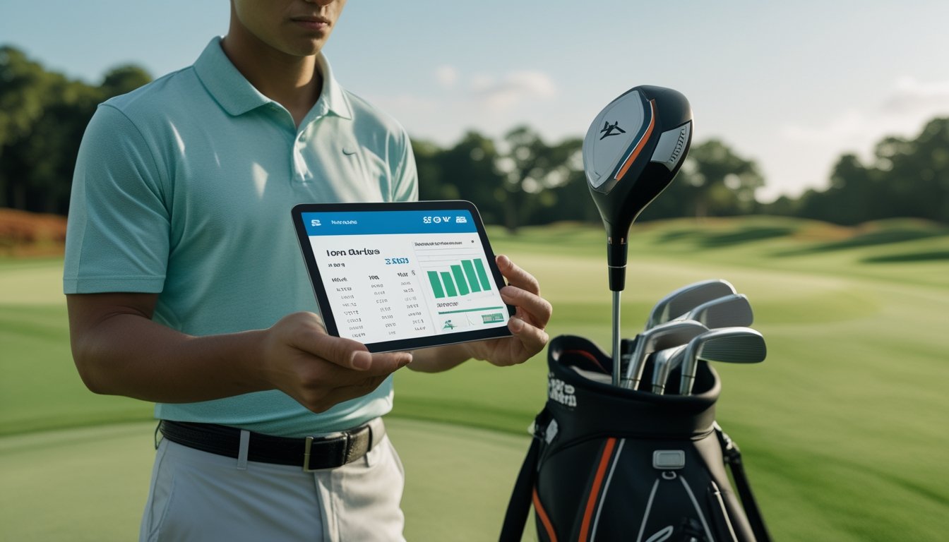 Seorang pegolf memegang tablet dengan data statistik golf di lapangan golf hijau yang cerah.