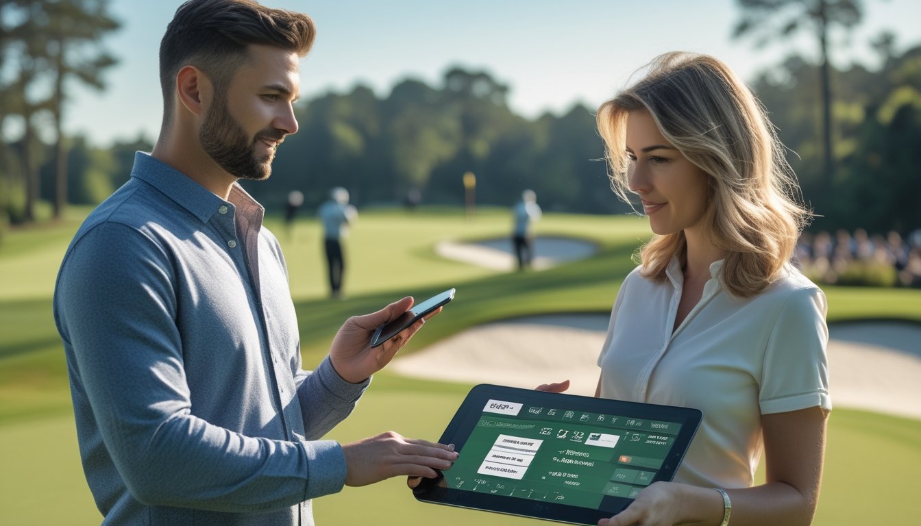 Seorang pria dan wanita sedang memasang taruhan live golf di lapangan golf saat turnamen berlangsung, dengan pemain golf terlihat di latar belakang.