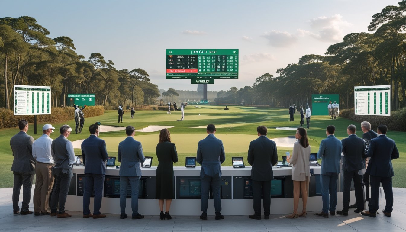 Orang-orang menonton turnamen golf secara langsung di lapangan dengan papan skor digital dan menggunakan perangkat untuk taruhan live.