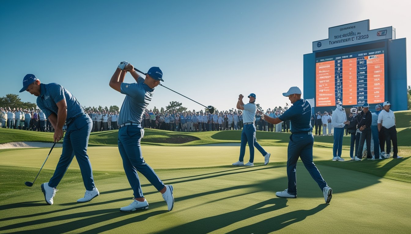 Sekelompok pegolf profesional sedang bermain di lapangan golf hijau dengan penonton dan papan skor besar di latar belakang saat turnamen utama tahun 2026.