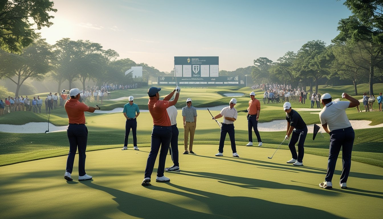 Sekelompok pegolf profesional sedang bermain di lapangan golf hijau dengan langit cerah dan penonton di kejauhan.