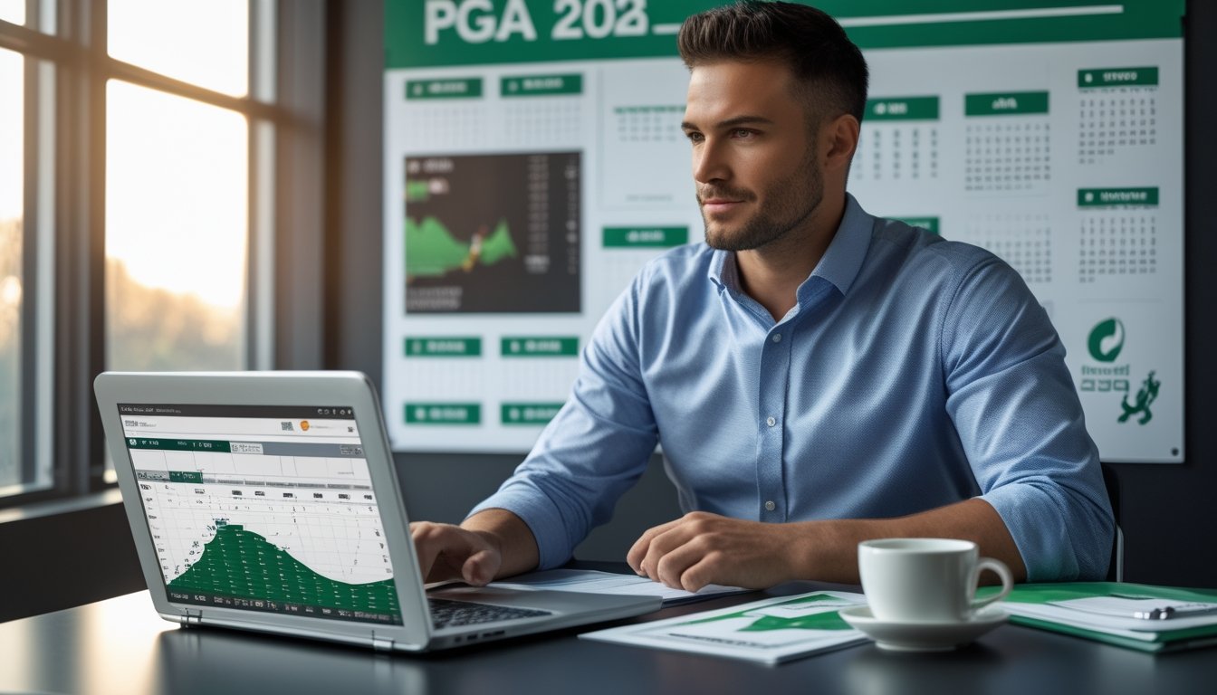 Seorang pria sedang menganalisis strategi taruhan golf di kantor dengan laptop dan kalender PGA 2026.