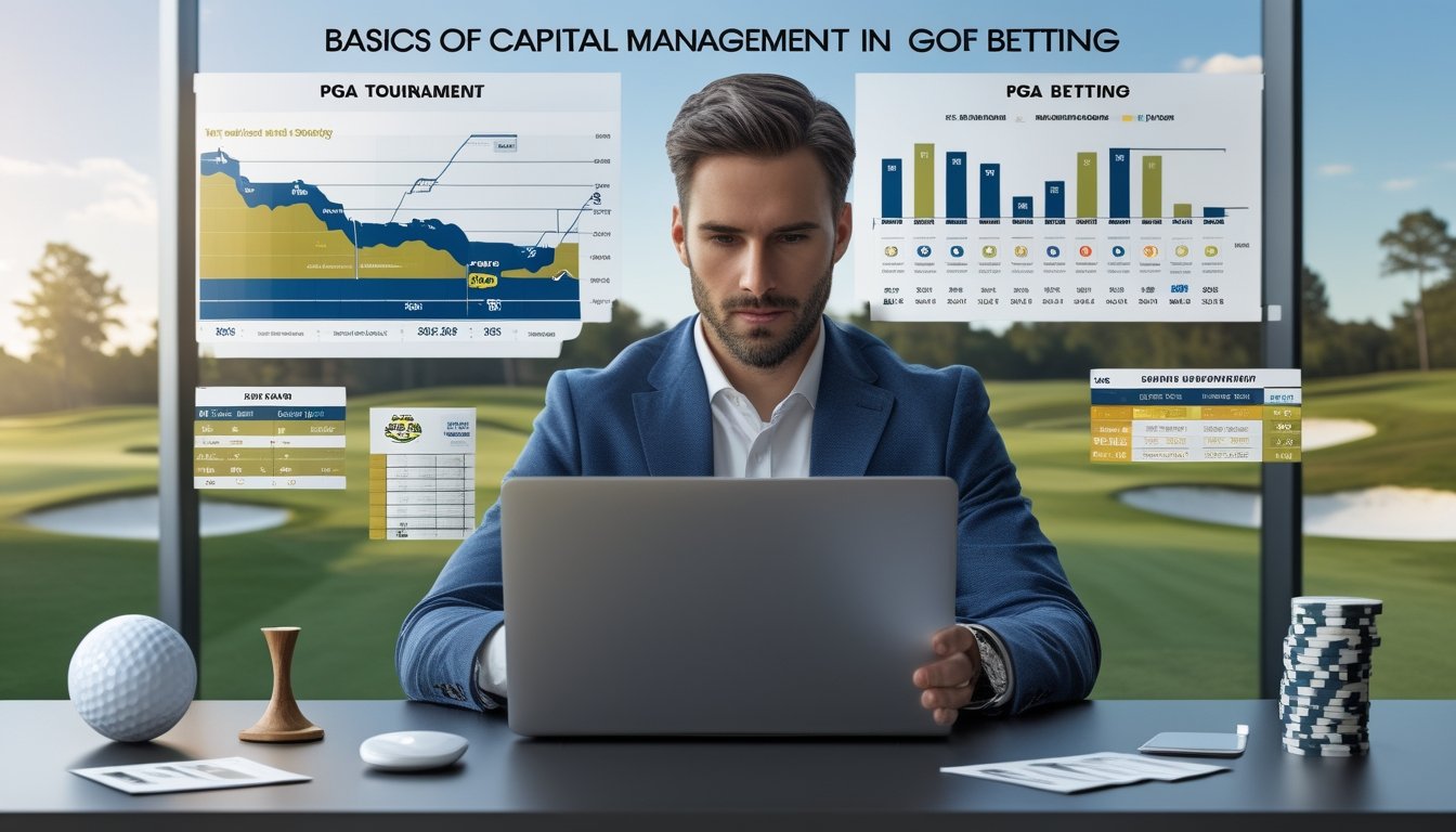 Seorang pria sedang menganalisis data taruhan golf di depan laptop dengan latar belakang lapangan golf dan grafik keuangan.