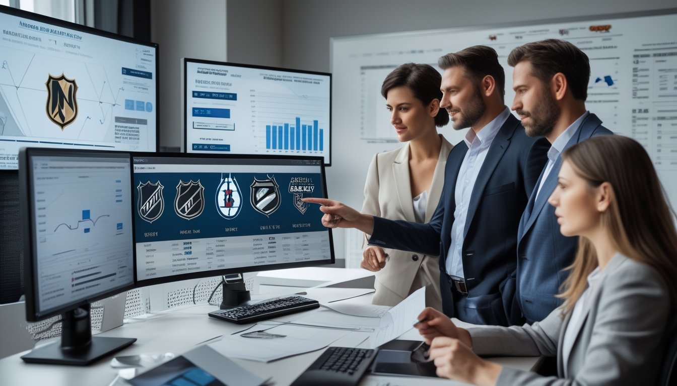 Sekelompok profesional sedang berdiskusi di kantor dengan layar komputer menampilkan data dan grafik terkait strategi taruhan NHL dan bursa transfer musim panas.