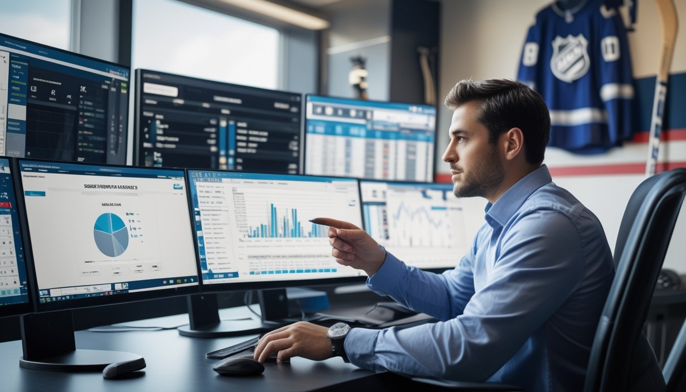 Seorang analis olahraga sedang bekerja di depan beberapa monitor yang menampilkan data dan grafik terkait bursa transfer NHL musim panas.