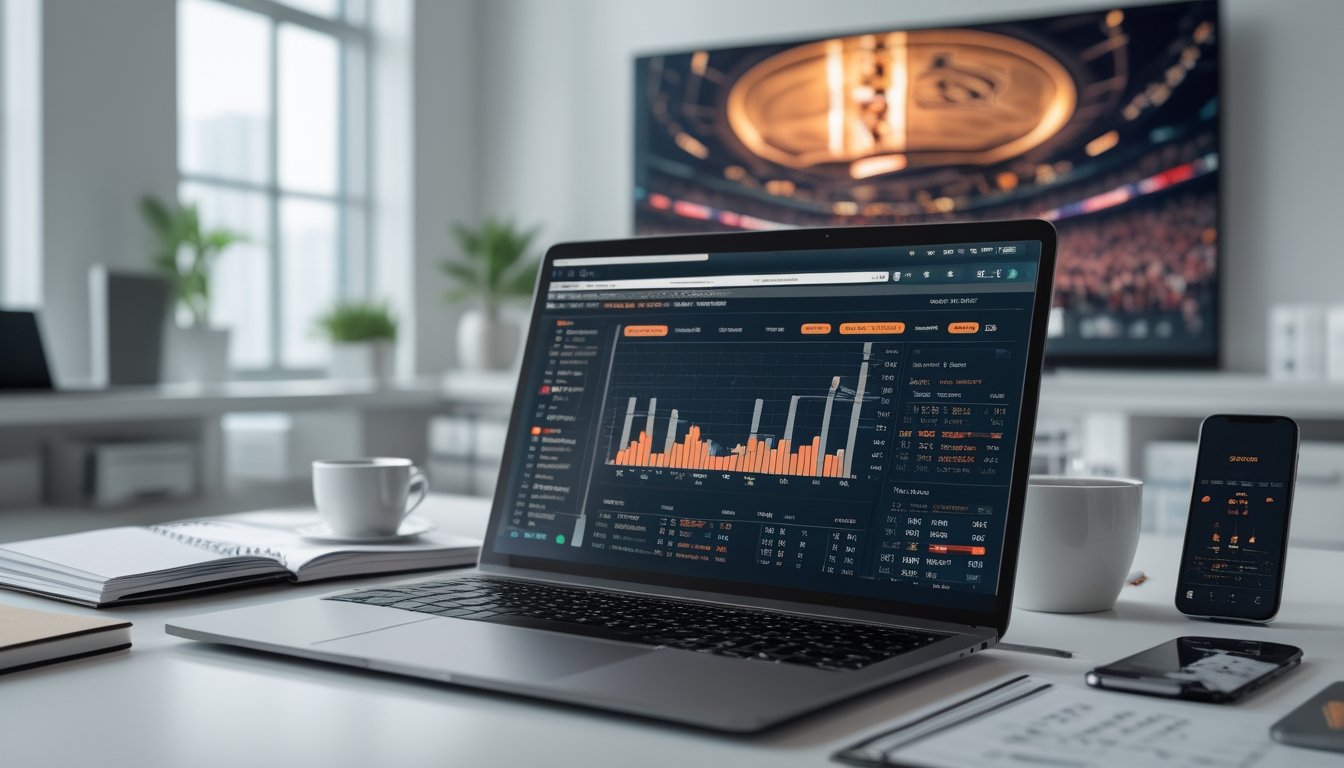 Meja kerja modern dengan laptop menampilkan statistik hoki dan peluang taruhan Stanley Cup, dilengkapi dengan catatan, kopi, dan ponsel yang menampilkan skor hoki langsung, dengan televisi menayangkan pertandingan NHL di latar belakang.