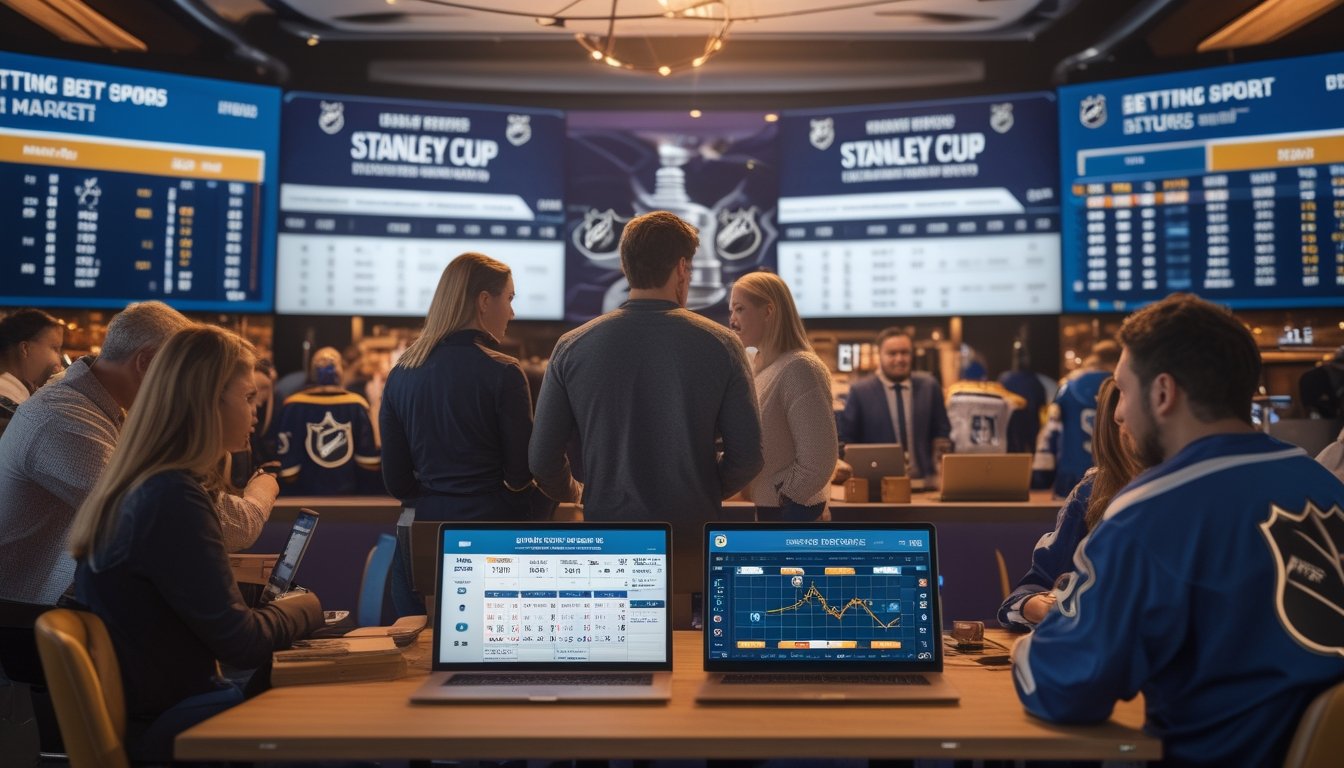 Beberapa orang sedang melihat layar digital yang menampilkan peluang taruhan NHL dan pasar masa depan di sebuah ruang taruhan olahraga.