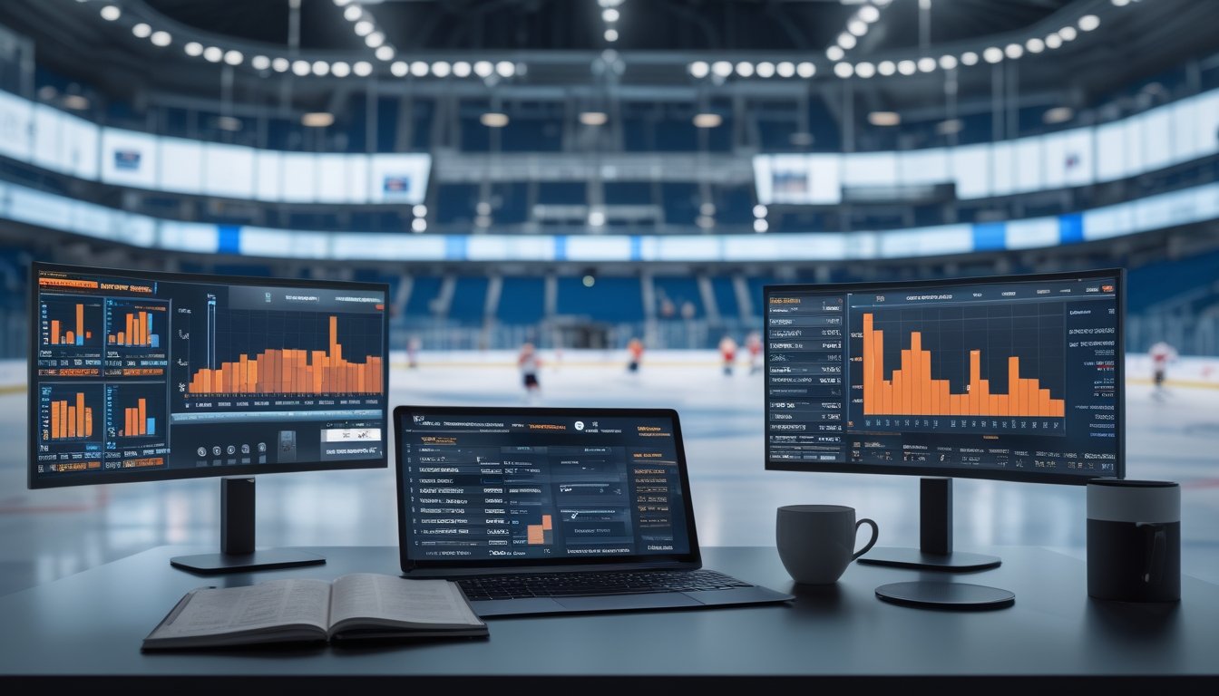 Seorang analis olahraga di meja kerja dengan beberapa monitor yang menampilkan statistik pemain hoki dan grafik, dengan lapangan hoki NHL terlihat di latar belakang.
