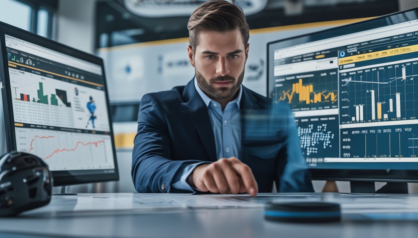 Seorang analis olahraga sedang memeriksa data kinerja pemain hoki di kantor dengan layar digital yang menampilkan statistik dan grafik.