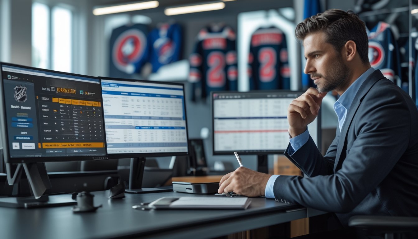 Seorang analis olahraga sedang bekerja di depan beberapa layar komputer yang menampilkan data dan statistik NHL, di sebuah ruang kerja modern dengan dekorasi bertema hoki.