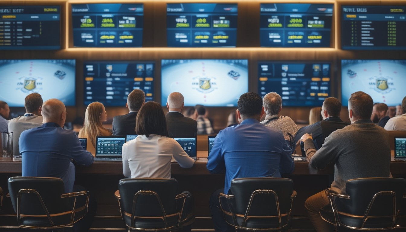 Sekelompok orang menonton layar besar yang menampilkan draft NHL 2026 dan statistik taruhan di sebuah ruang taruhan olahraga modern.