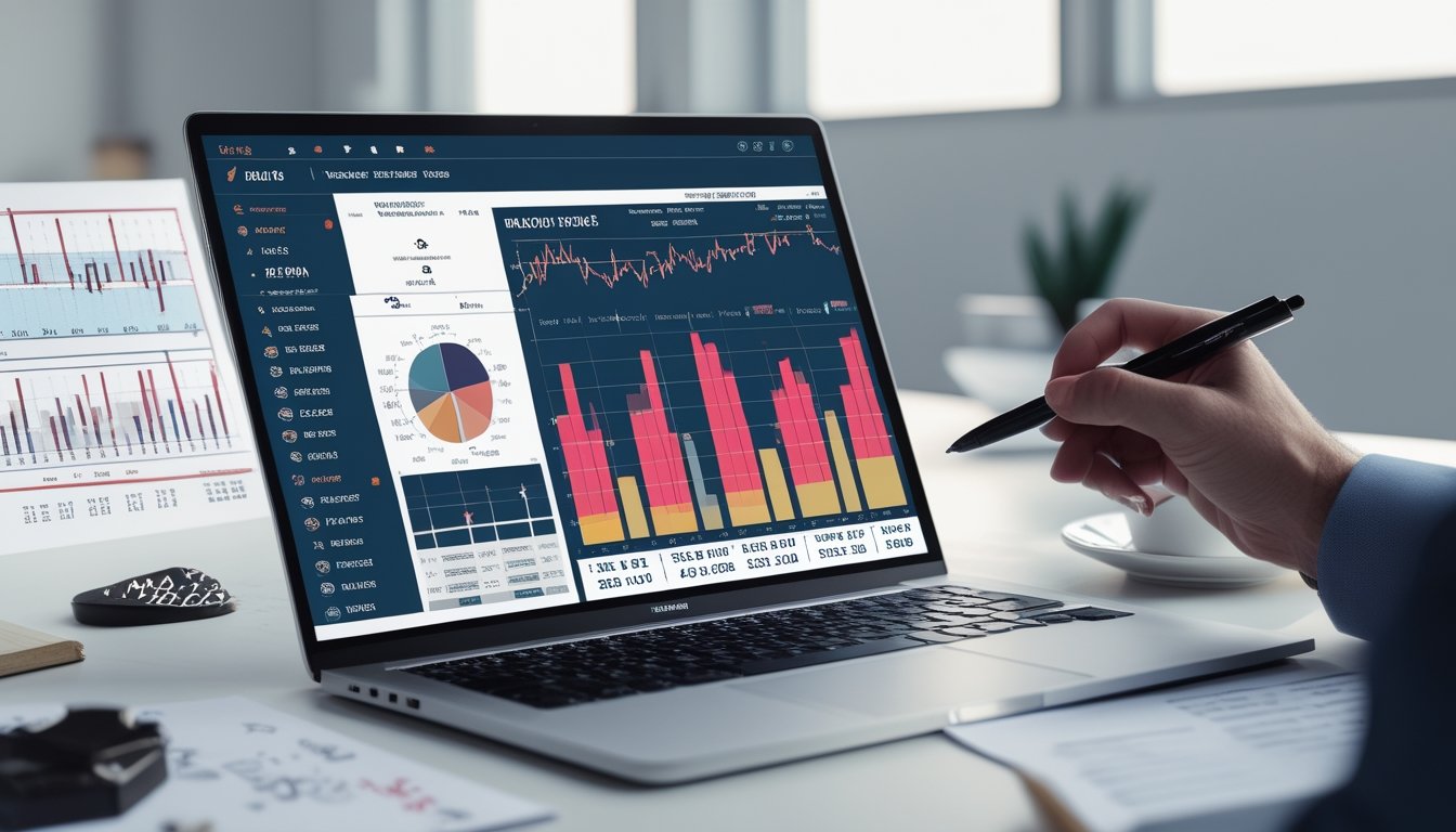 Seorang analis bekerja di depan laptop dengan grafik statistik playoff NHL, dikelilingi oleh catatan dan alat tulis di meja kantor yang rapi.