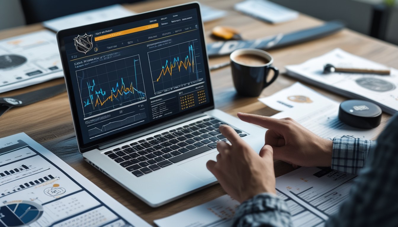 Seseorang menganalisis data statistik playoff NHL di meja kerja dengan laptop dan dokumen terkait hoki.