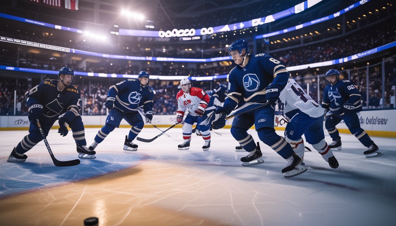 Pertandingan hoki NHL yang intens dengan beberapa pemain aktif di atas es dan penonton di arena yang penuh.