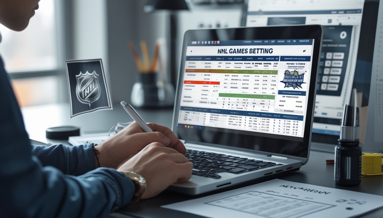 Seseorang sedang mengelola keuangan taruhan NHL dengan laptop, kalkulator, dan catatan di meja kerja.