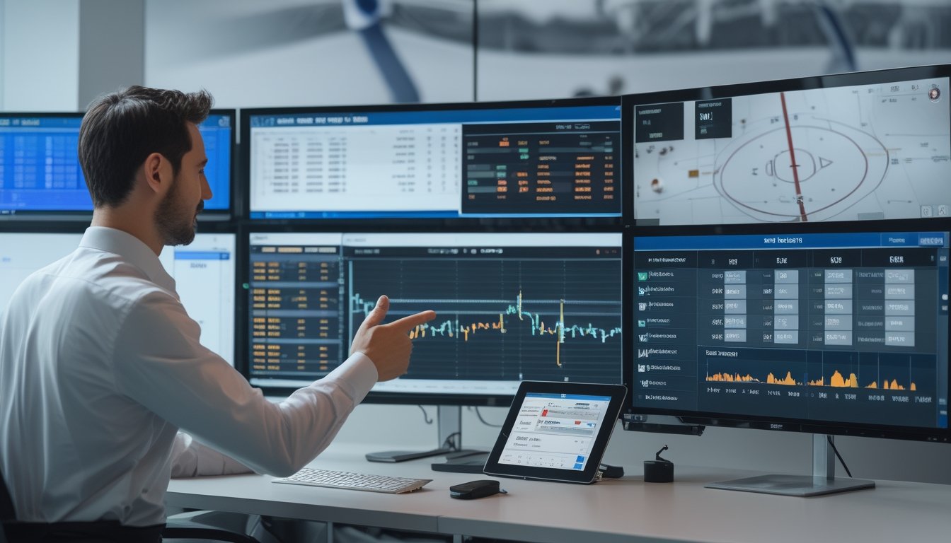 Seorang analis olahraga di meja kerja dengan beberapa monitor yang menampilkan statistik dan grafik tren taruhan NHL, di ruang dengan dekorasi bertema hoki es.