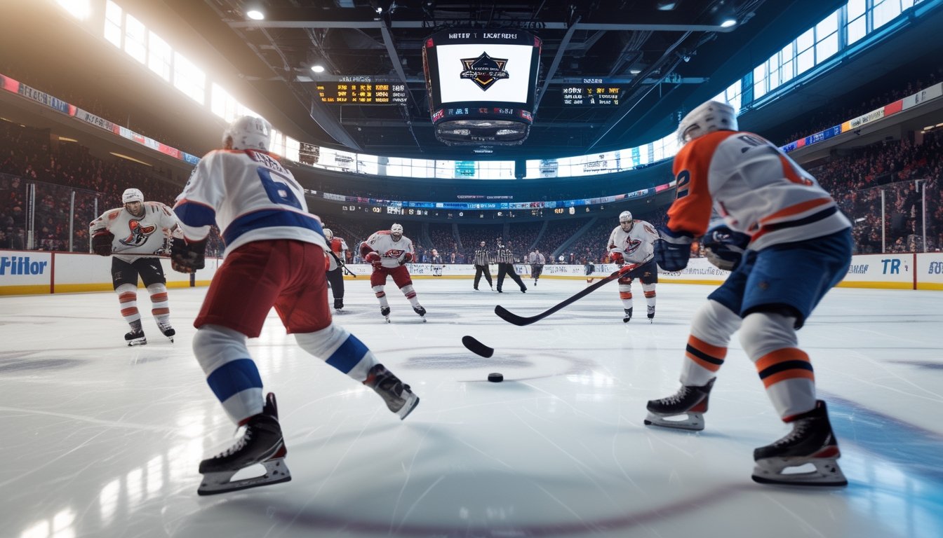 Pertandingan hoki es NHL yang sedang berlangsung dengan pemain yang sedang beraksi di arena yang terang dan penonton di latar belakang.