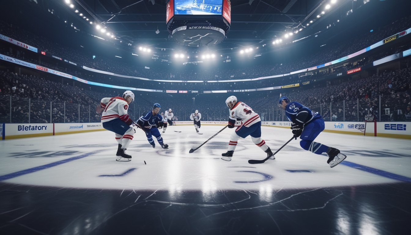 Pertandingan hoki NHL sedang berlangsung dengan pemain yang beraksi di atas es dan penonton yang antusias di arena.