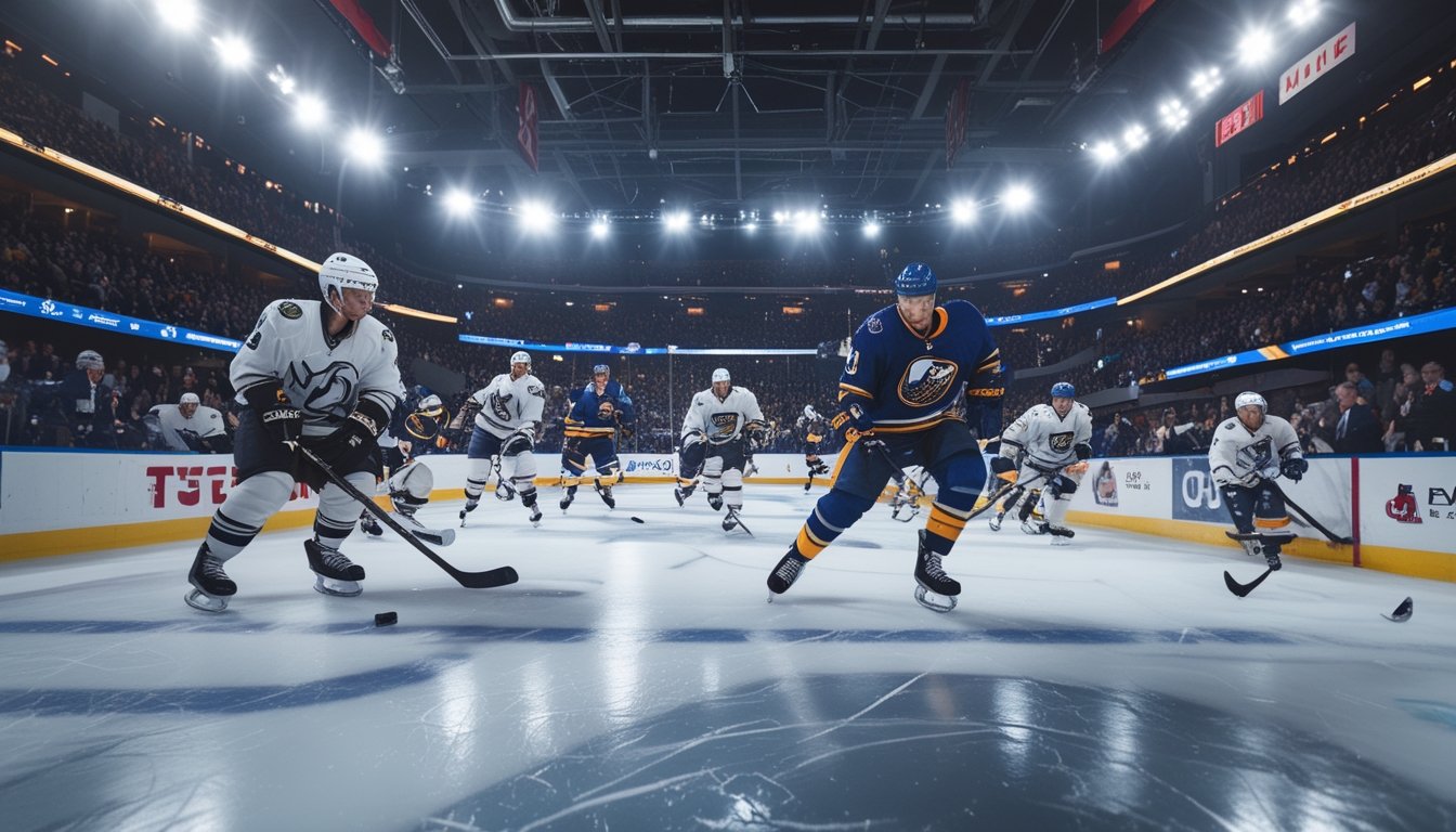 Pertandingan hoki es NHL yang intens dengan pemain sedang beraksi di atas es dan penonton di latar belakang.