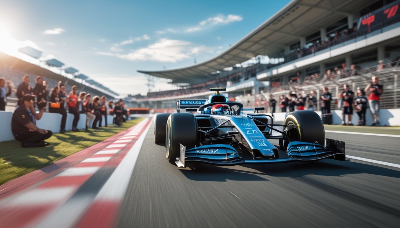 Foto mobil balap Formula 1 modern melaju di lintasan dengan penggemar dan analis menonton di latar belakang pada hari cerah.