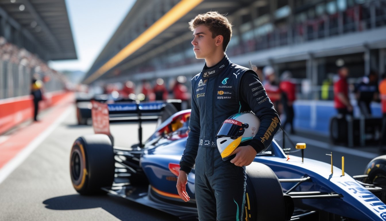 Seorang pembalap muda berdiri di samping mobil Formula 1 di lintasan balap dengan suasana pitlane dan tribun di latar belakang.