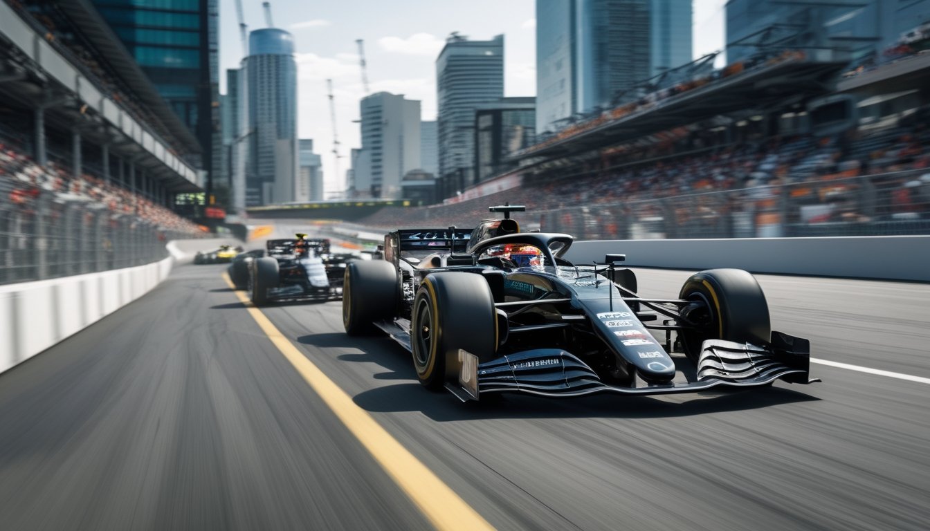 Mobil balap Formula 1 melaju kencang di sirkuit jalan kota dengan latar gedung-gedung tinggi dan penonton ramai.