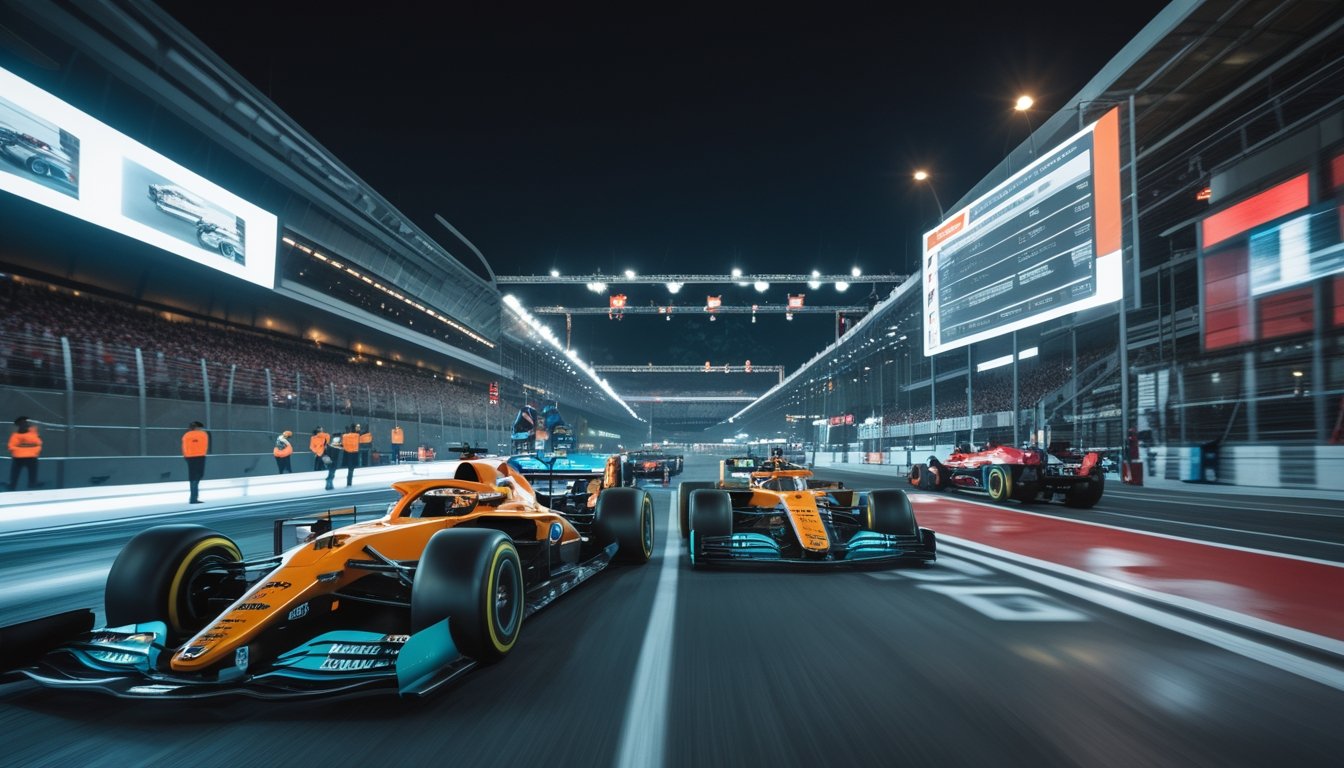 Adegan balapan Formula 1 di diagram jalan kota dengan mobil-mobil modern dan kru pit yang sedang menganalisis data balapan.