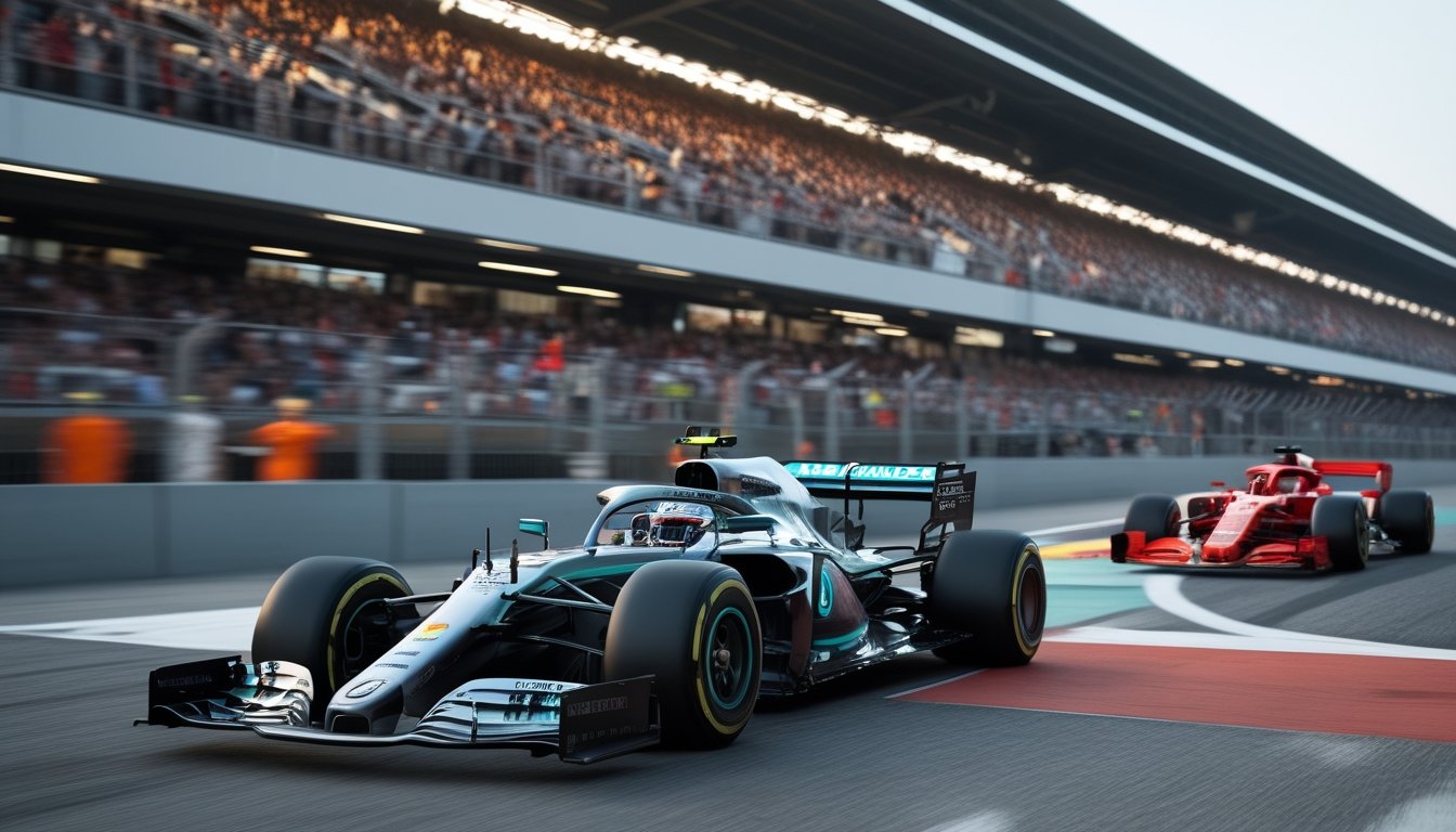 Dua mobil balap Formula 1 berwarna perak dan merah bersaing ketat di lintasan Grand Prix dengan penonton di latar belakang.