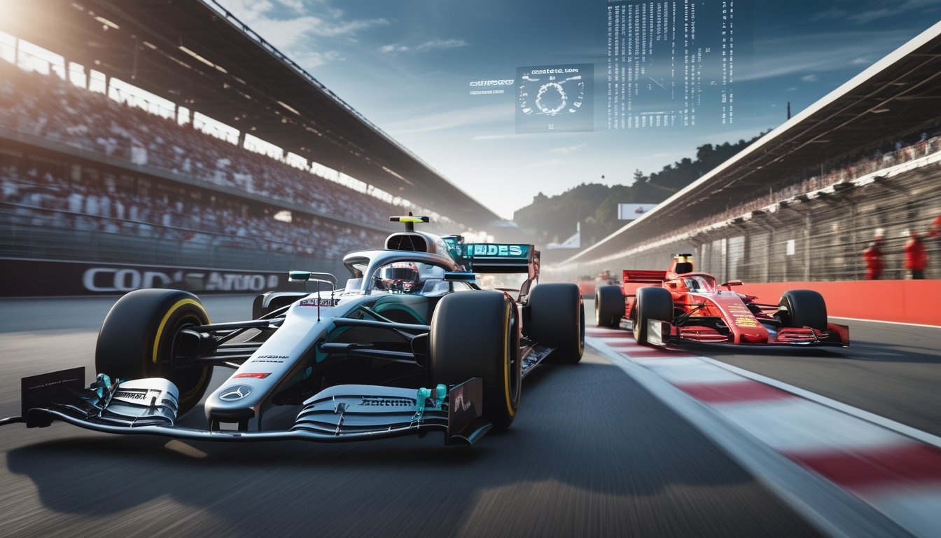 Mobil balap Mercedes dan Ferrari melaju di lintasan Grand Prix dengan penonton dan kru pit di latar belakang.