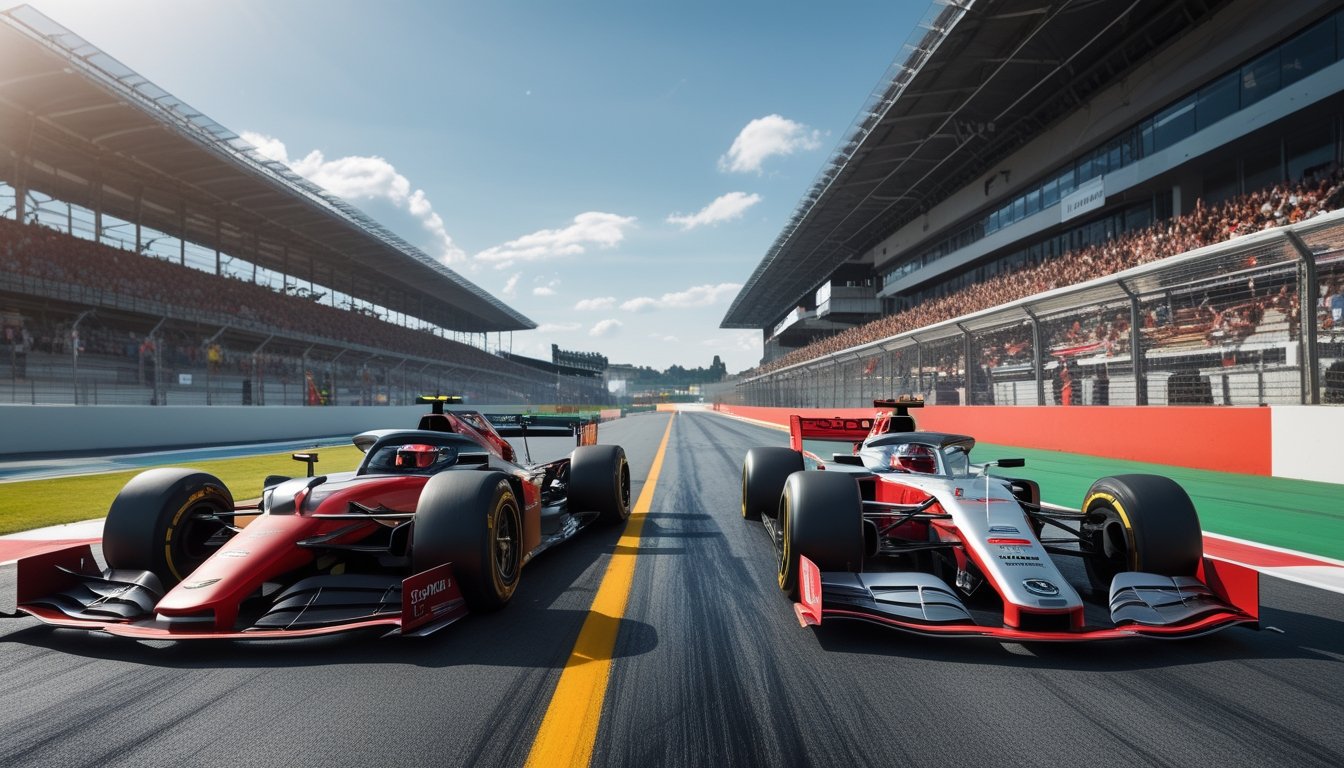 Dua mobil F1 baru dari tim Cadillac dan Audi sedang balapan berdampingan di lintasan dengan penonton dan pemandangan hijau di latar belakang.