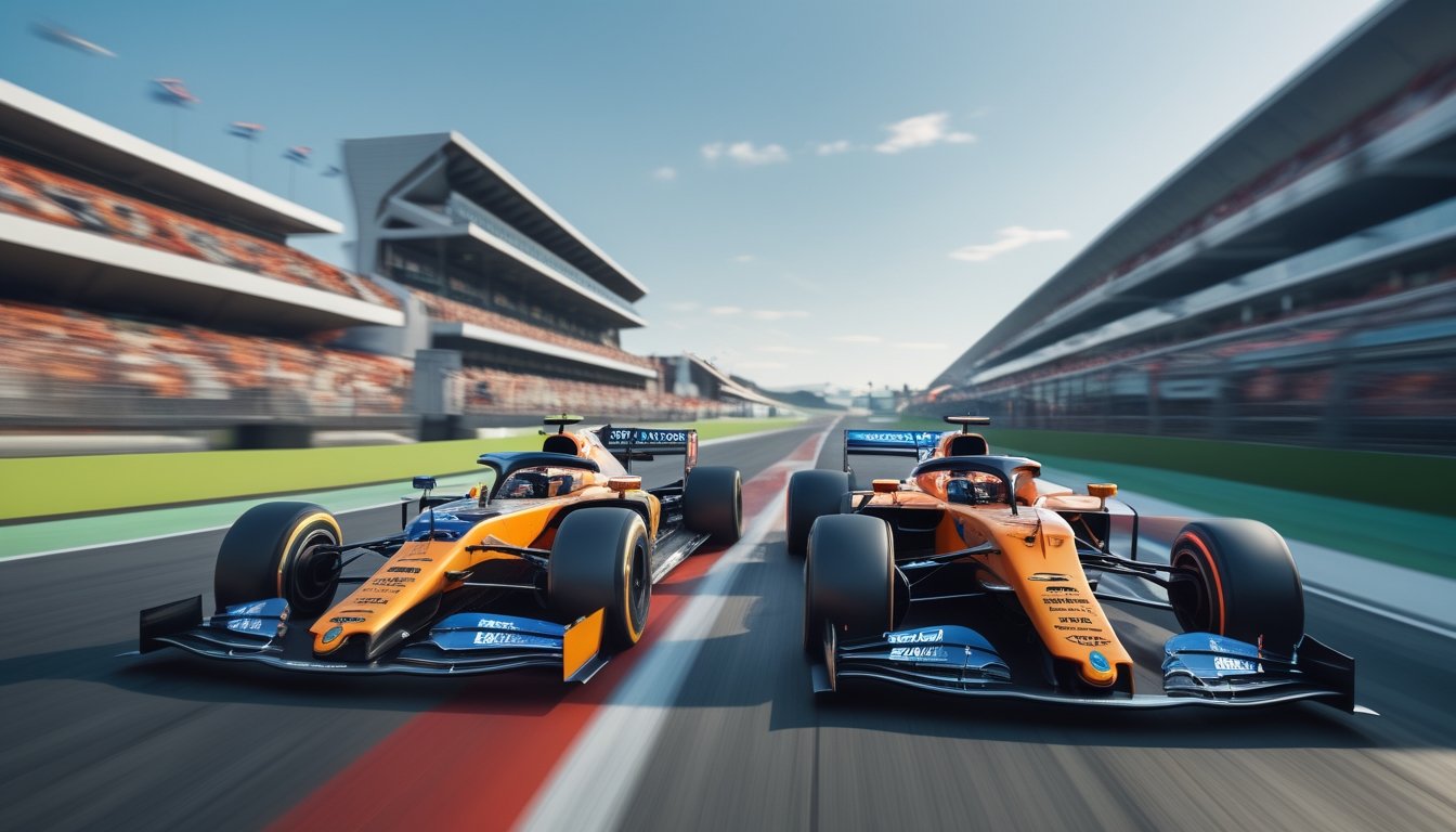 Dua mobil balap Formula 1 sedang berlomba menemani di lintasan dengan penonton di tribun.