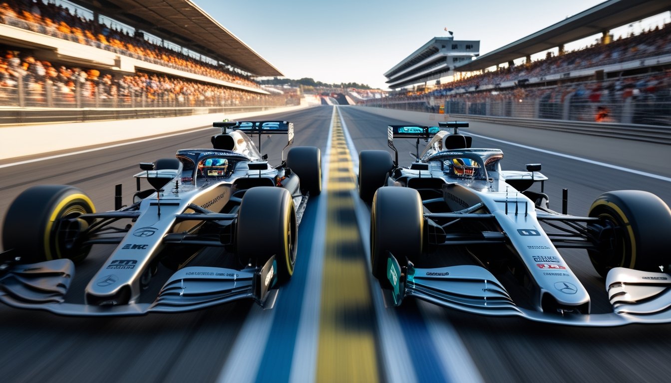 Dua mobil Formula 1 melaju diiringi balap sirkuit dengan latar tribun penonton yang ramai.
