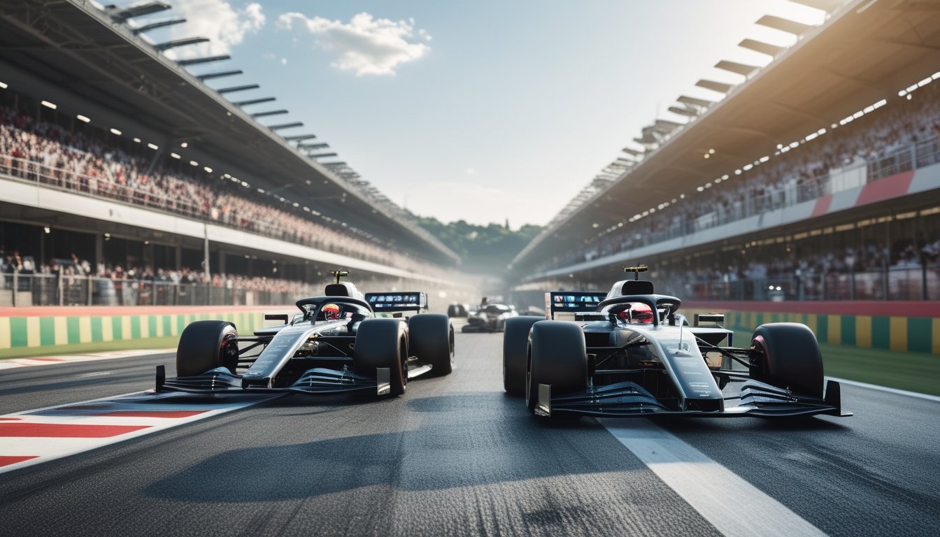 Dua mobil Formula 1 futuristik sedang saling mendahului di lintasan balap dengan penonton ramai di tribun belakang.