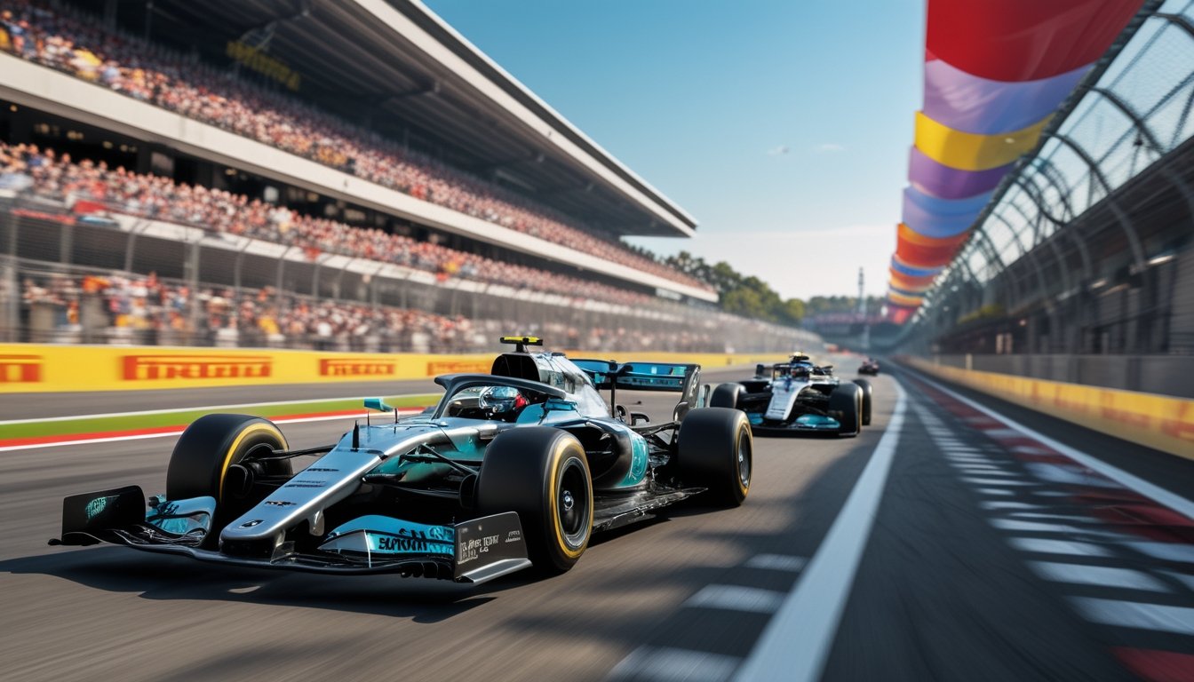 Dua mobil Formula 1 berlomba ketat di lintasan balap dengan satu mobil sedang menyalip yang lain, penonton terlihat di latar belakang.