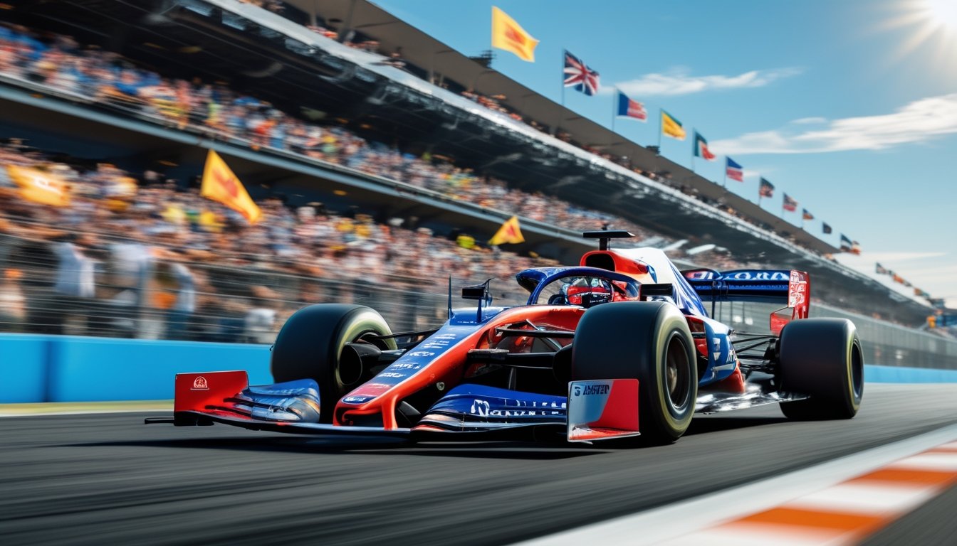 Mobil Formula 1 melaju kencang di lintasan balap dengan penonton yang bersemangat di tribun di latar belakang.
