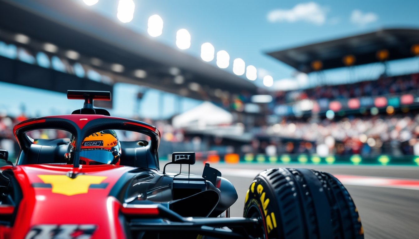 Mobil Formula 1 merah dan hitam melaju kencang di lintasan balap dengan penonton dan lampu stadion di latar belakang.