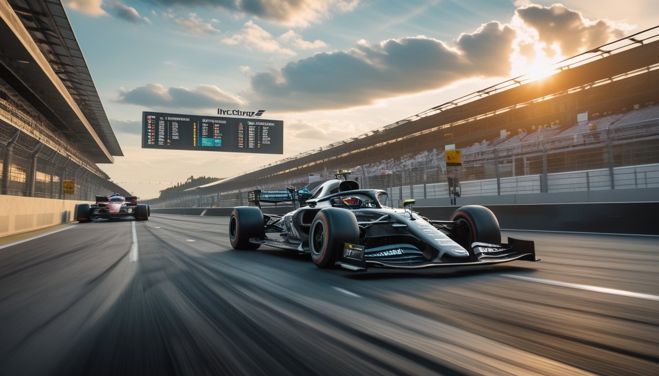 Mobil Formula 1 melaju cepat di lintasan balap dengan latar belakang tim pit yang memadukan performa mobil saat memenuhi kualifikasi.