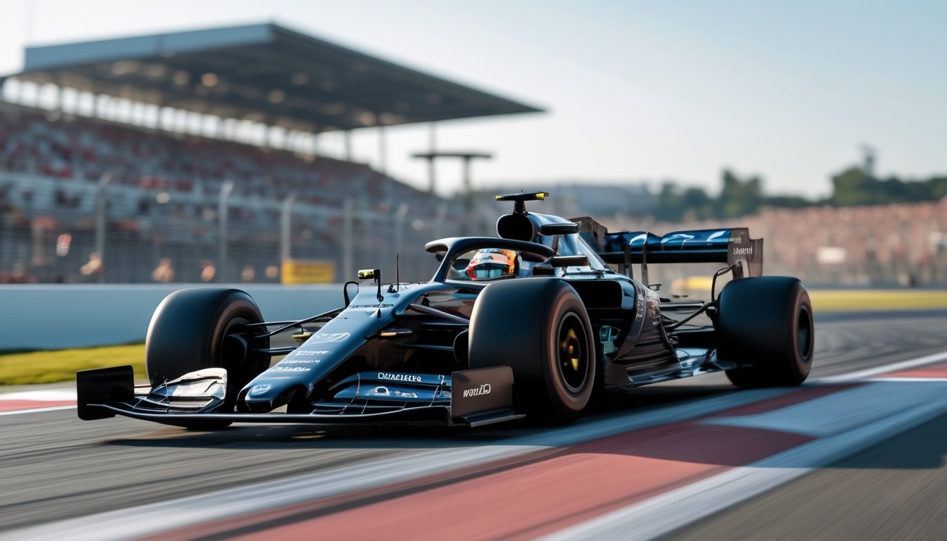 Mobil Formula 1 sedang melaju kencang di lintasan balap dengan latar tribun penonton.