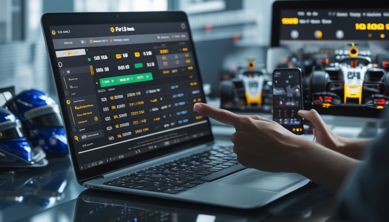 Seseorang menggunakan laptop dan ponsel untuk melihat peluang taruhan Formula 1 dengan model mobil F1 kecil dan layar balapan di latar belakang.