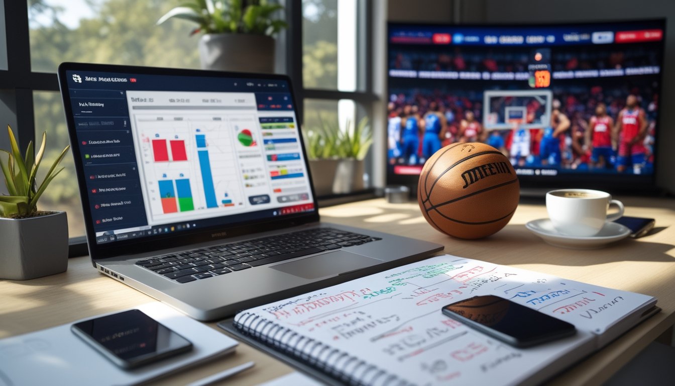 Meja kerja dengan laptop yang menampilkan statistik basket, bola basket di samping, dan televisi yang menayangkan pertandingan NBA.