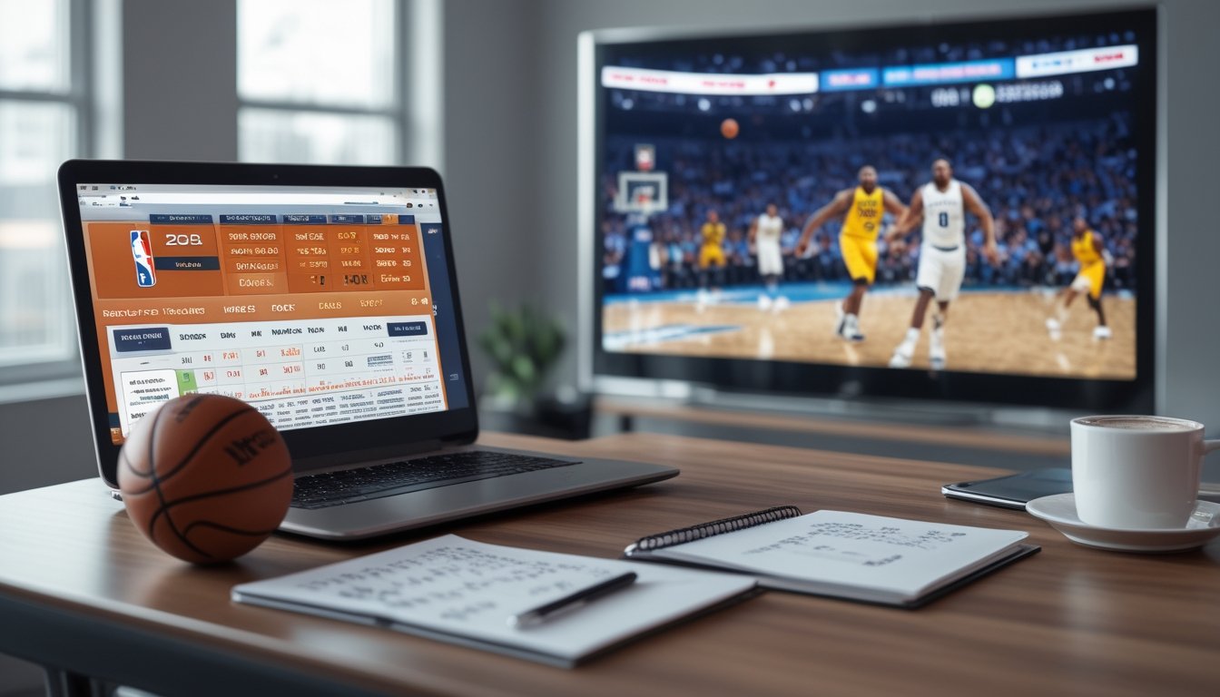 Meja kerja dengan laptop yang menampilkan statistik dan peluang taruhan basket NBA, bola basket, catatan strategi, dan televisi yang menayangkan pertandingan NBA.